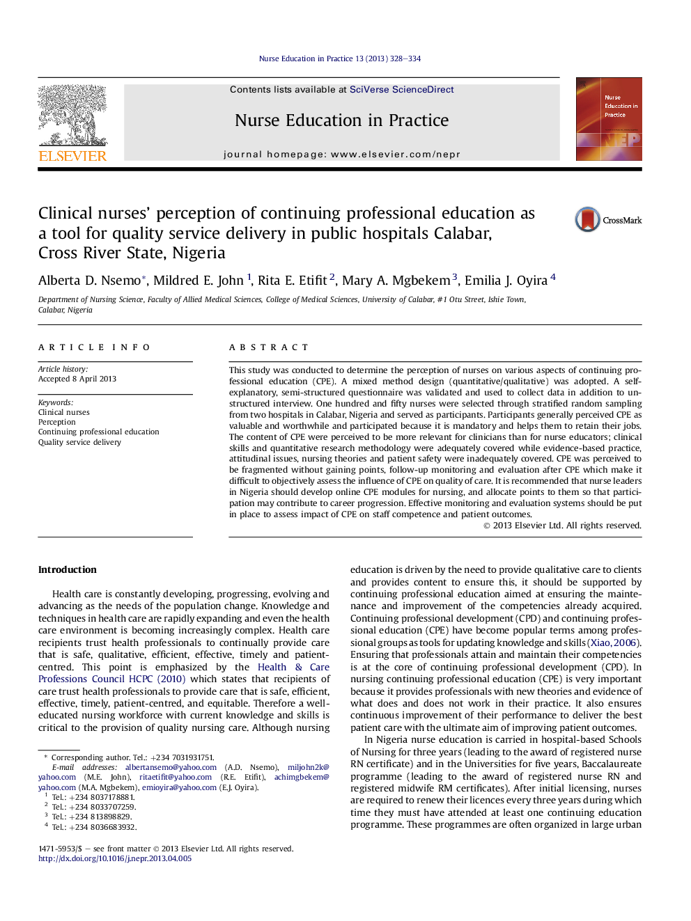 Clinical nurses' perception of continuing professional education as a tool for quality service delivery in public hospitals Calabar, Cross River State, Nigeria