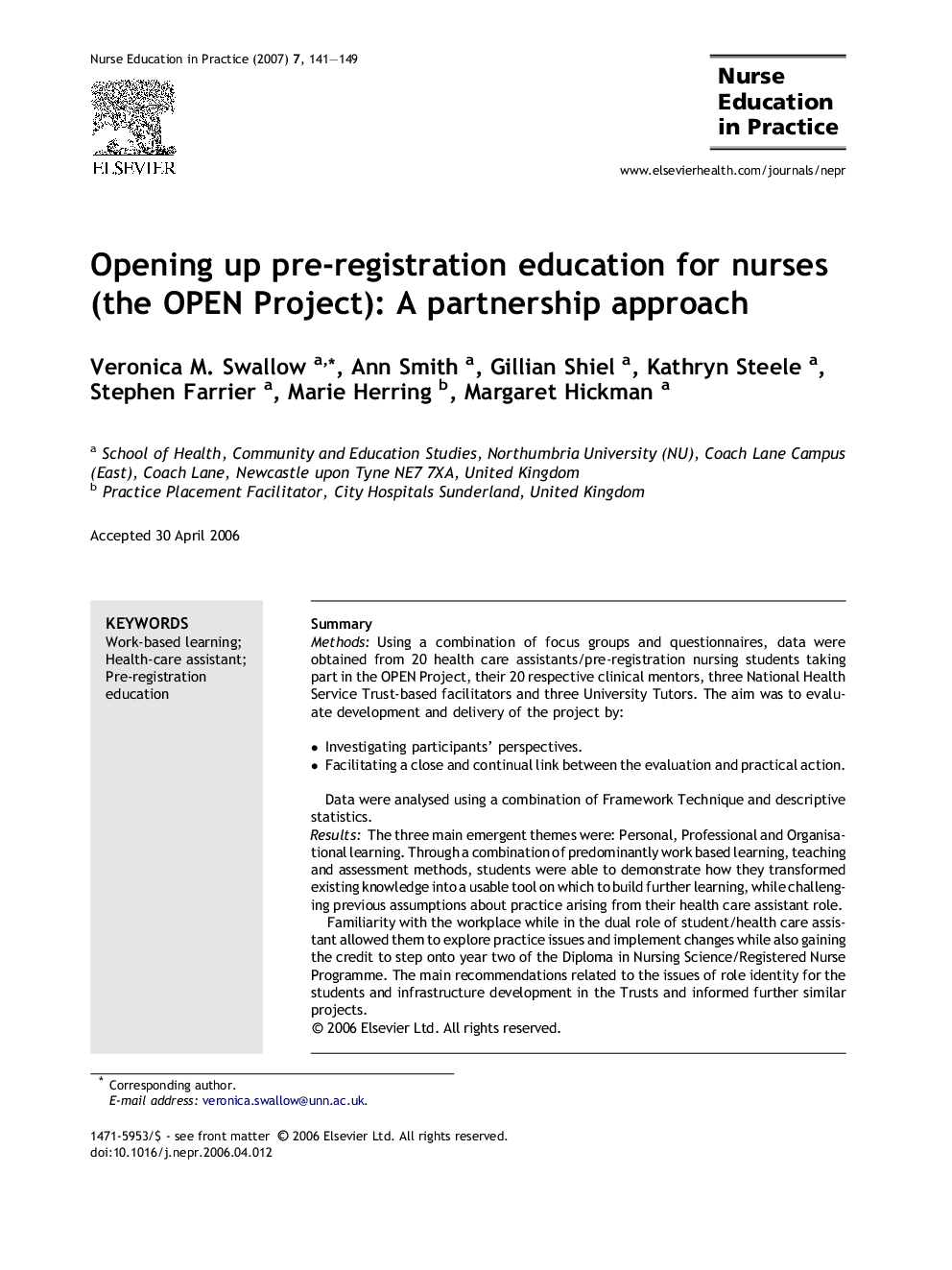 عکس صفحه اول مقاله: Opening up pre-registration education for nurses (the OPEN Project): A partnership approach Opening up pre-registration education for nurses (the OPEN Project): A partnership approach