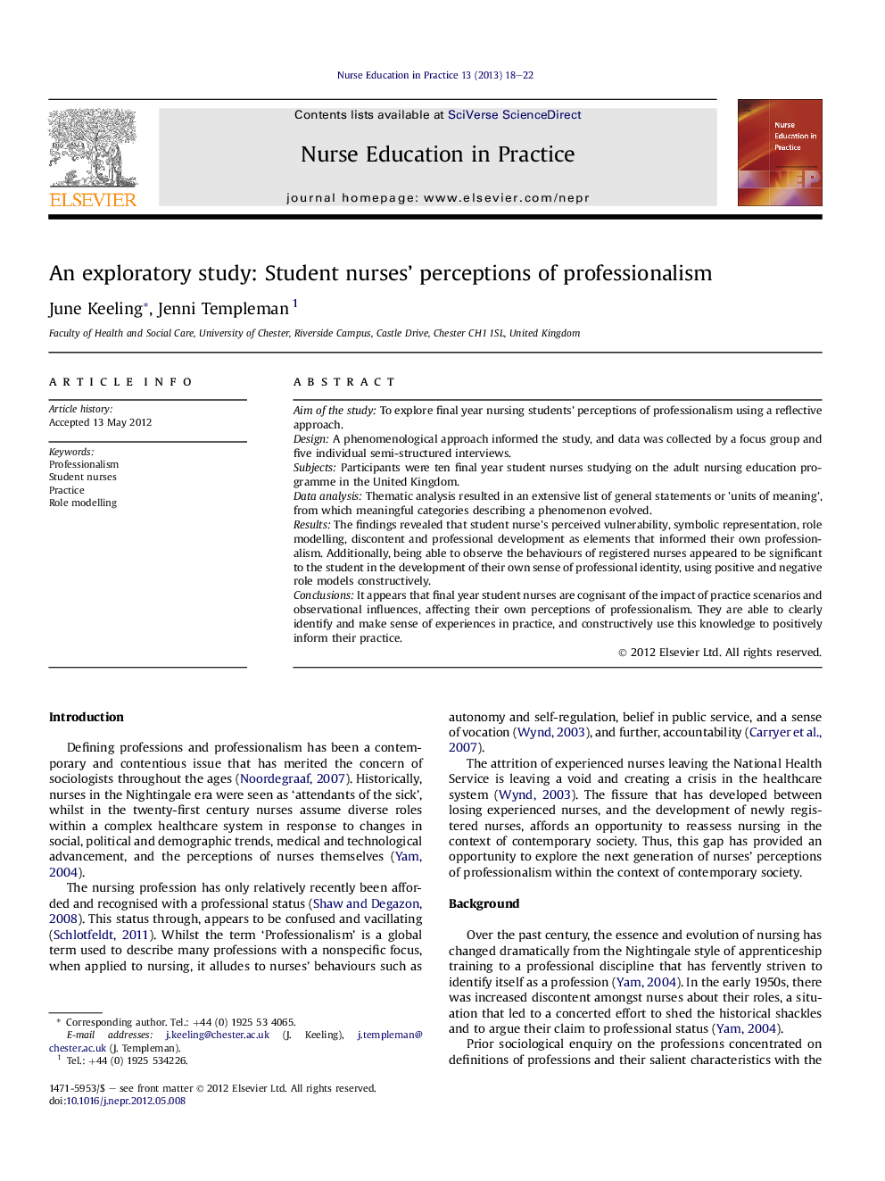 An exploratory study: Student nurses' perceptions of professionalism