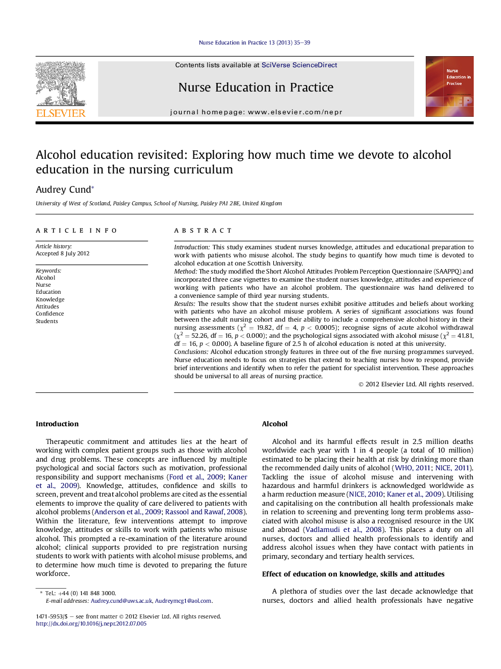 Alcohol education revisited: Exploring how much time we devote to alcohol education in the nursing curriculum