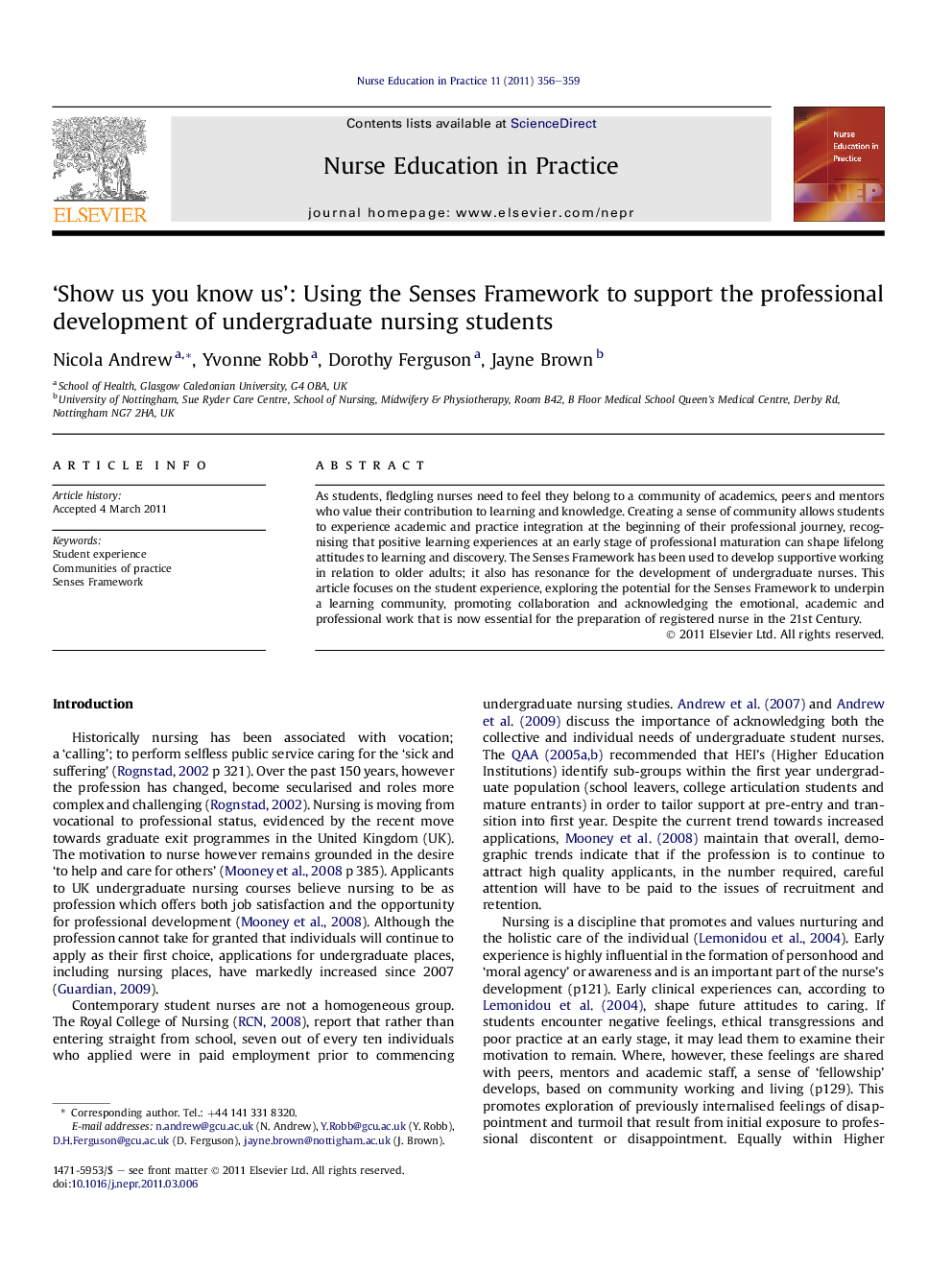 ‘Show us you know us’: Using the Senses Framework to support the professional development of undergraduate nursing students