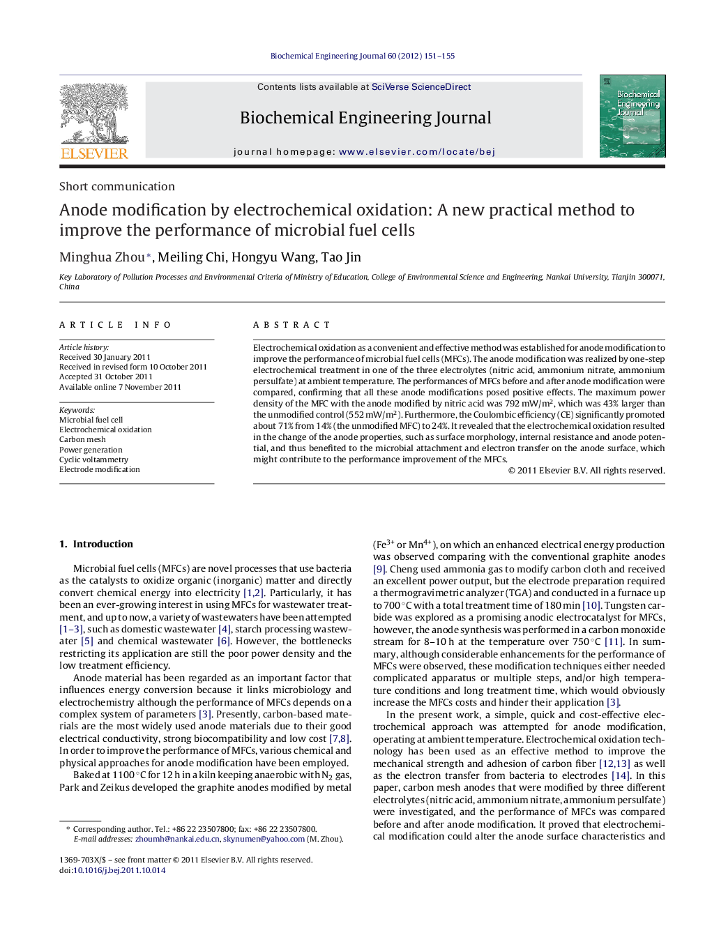 Anode modification by electrochemical oxidation: A new practical method to improve the performance of microbial fuel cells