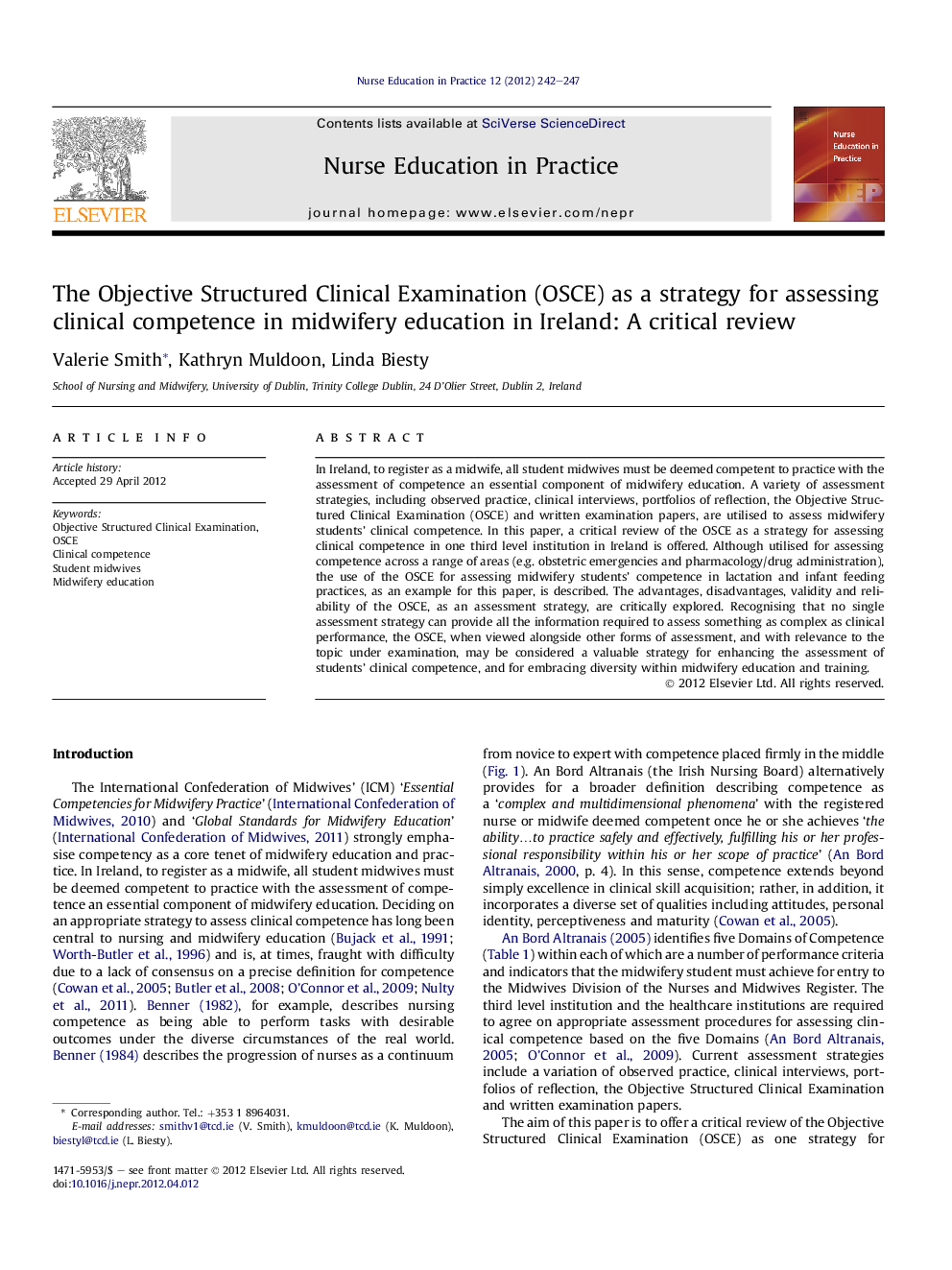 The Objective Structured Clinical Examination (OSCE) as a strategy for assessing clinical competence in midwifery education in Ireland: A critical review