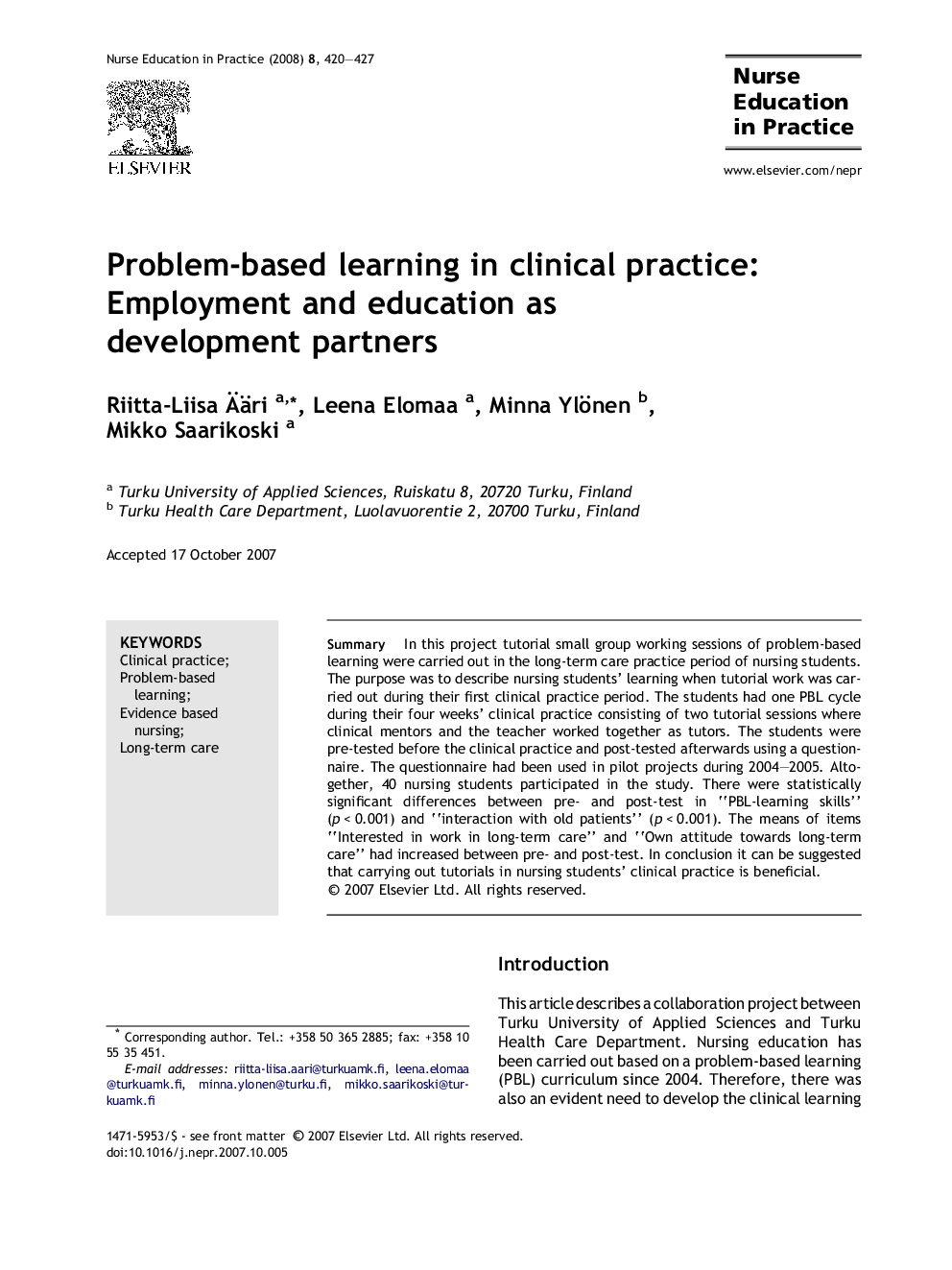Problem-based learning in clinical practice: Employment and education as development partners