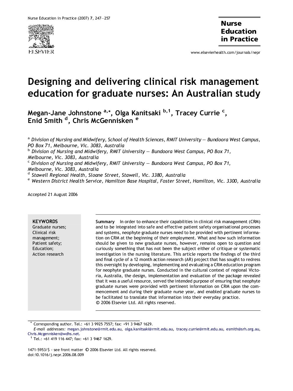 Designing and delivering clinical risk management education for graduate nurses: An Australian study
