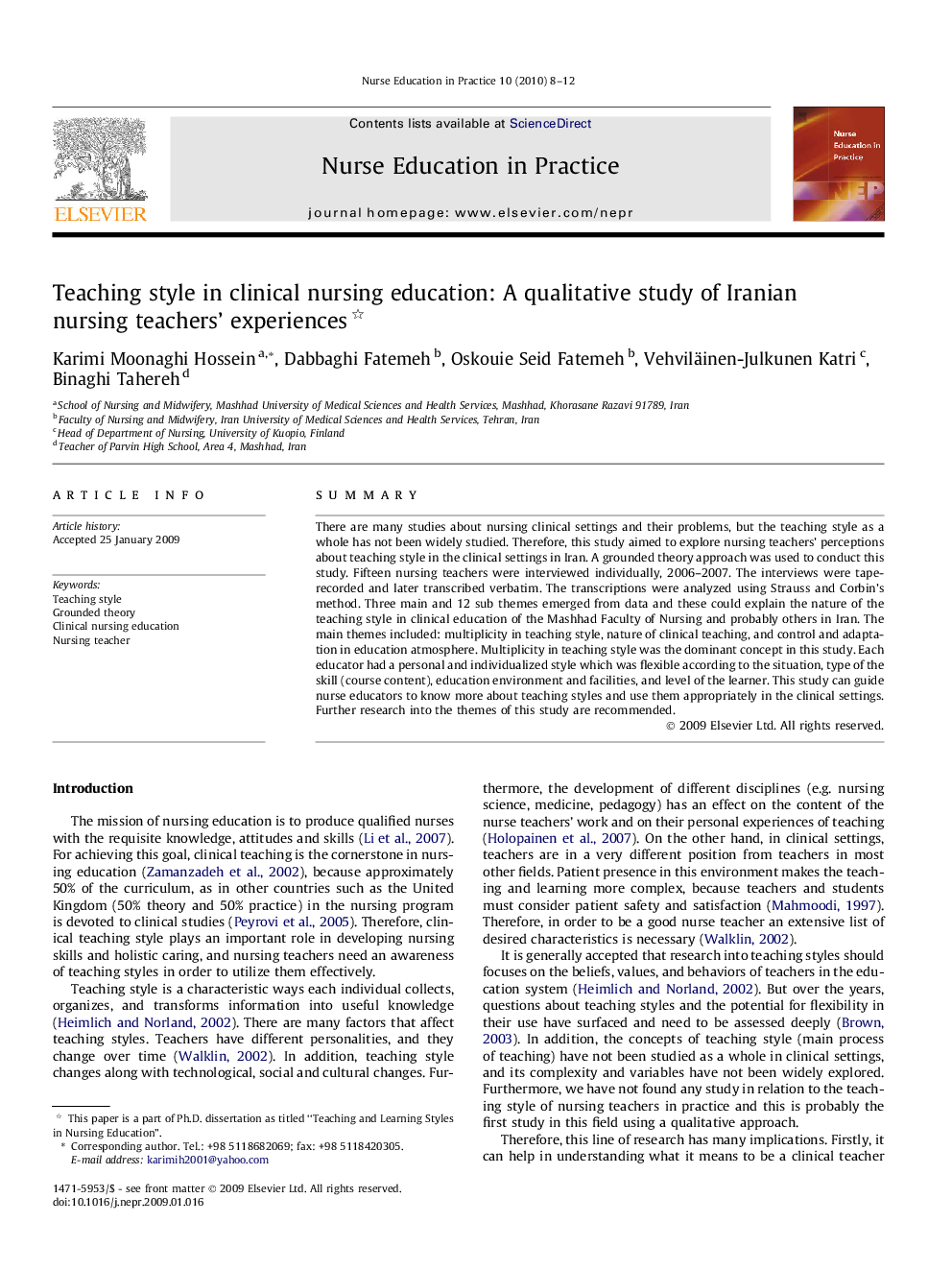 Teaching style in clinical nursing education: A qualitative study of Iranian nursing teachers’ experiences 