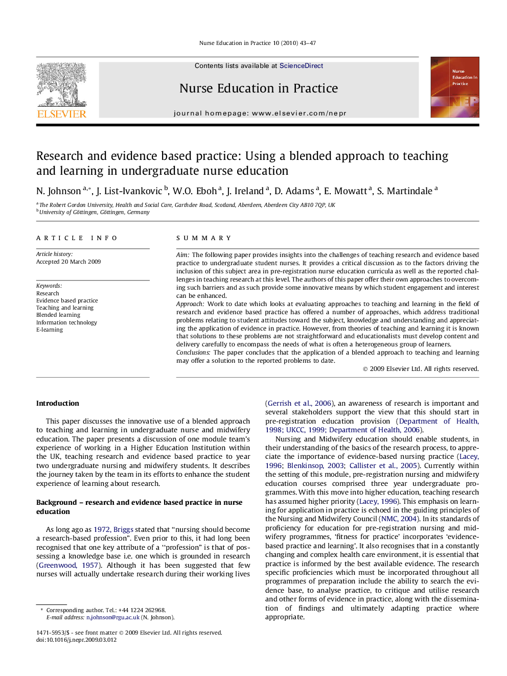 Research and evidence based practice: Using a blended approach to teaching and learning in undergraduate nurse education