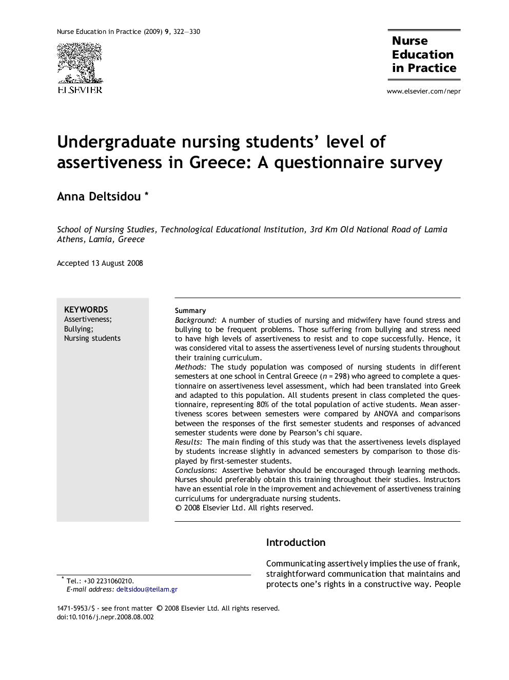 Undergraduate nursing students’ level of assertiveness in Greece: A questionnaire survey