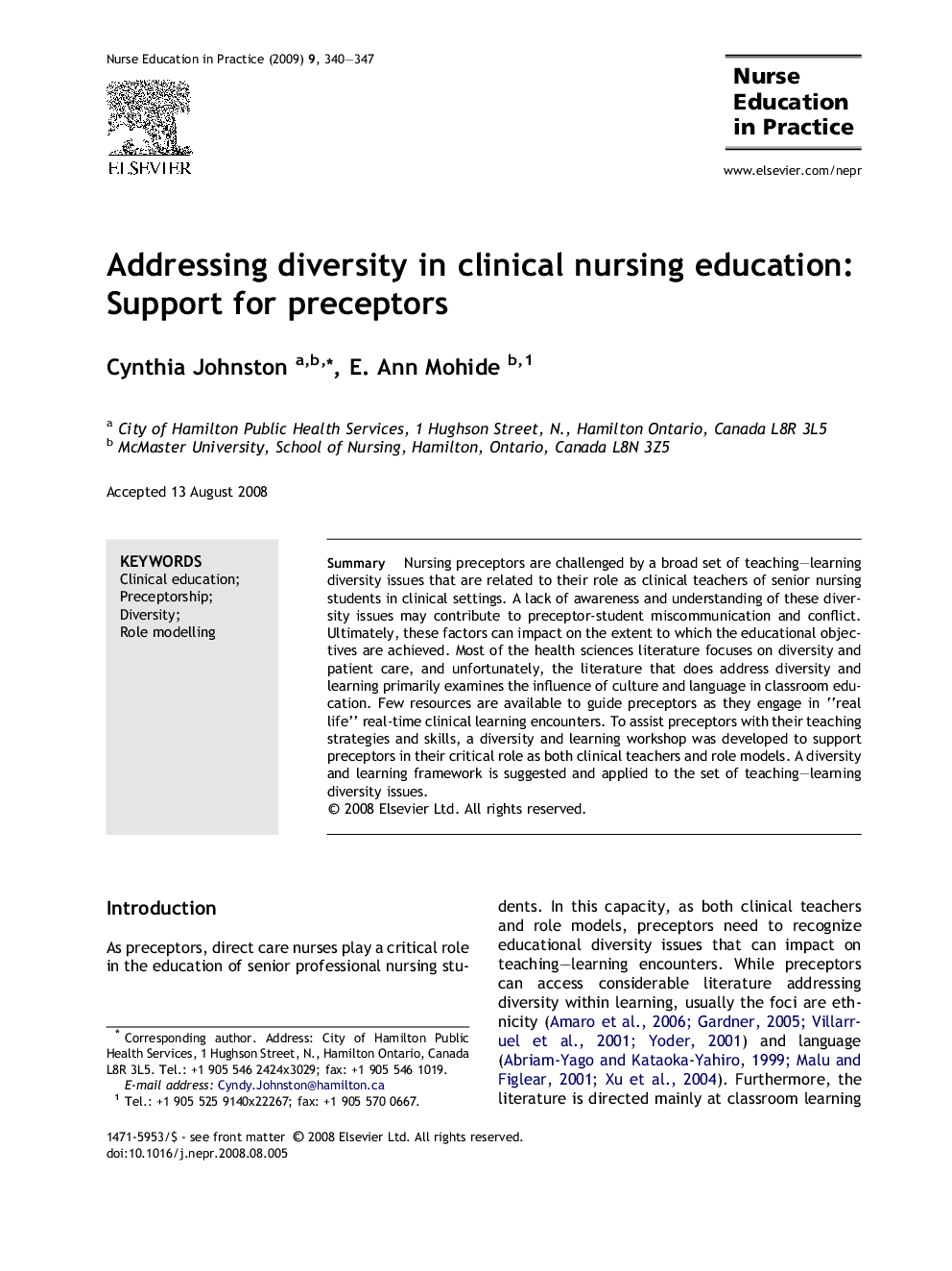 Addressing diversity in clinical nursing education: Support for preceptors