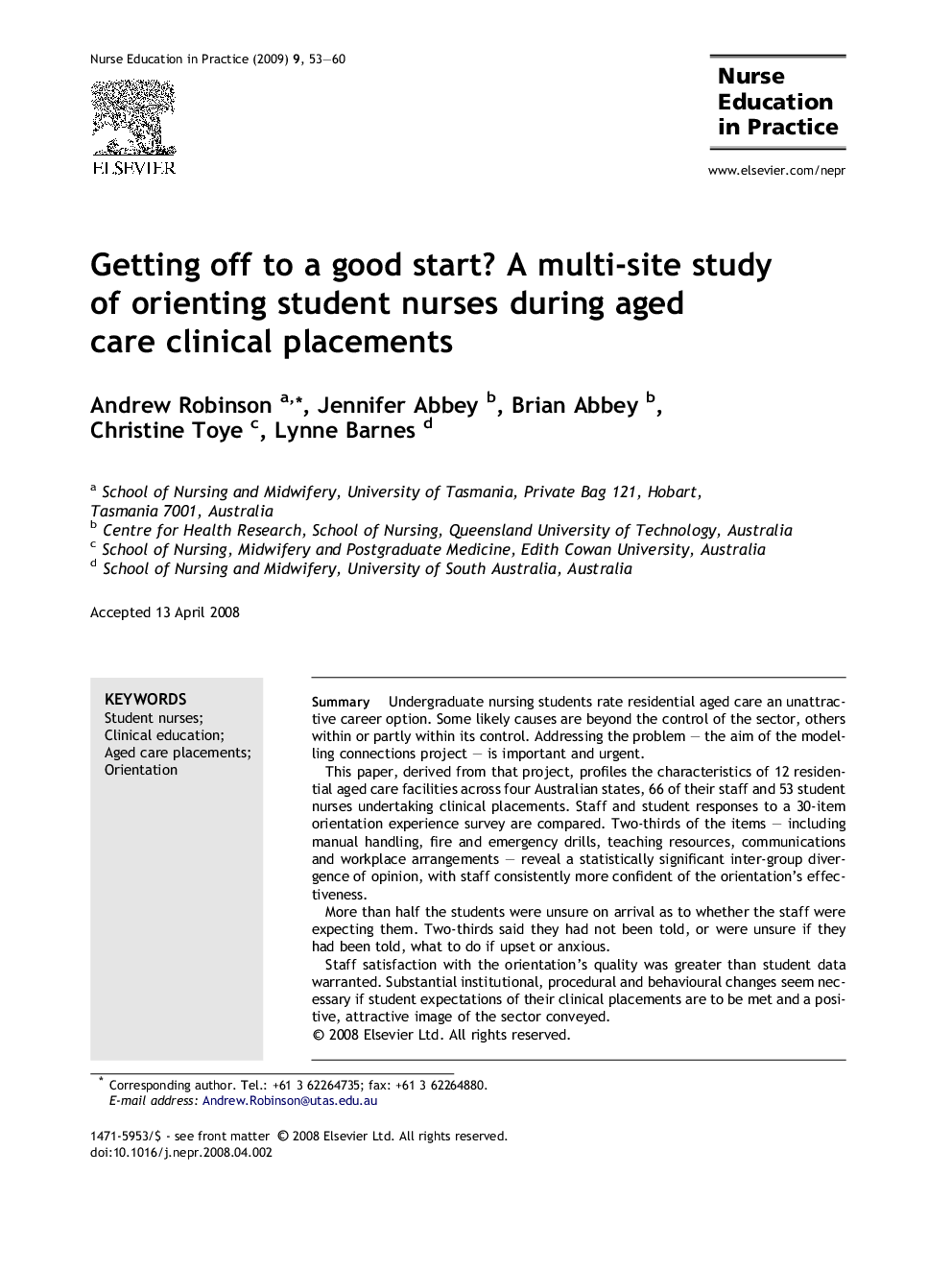 Getting off to a good start? A multi-site study of orienting student nurses during aged care clinical placements