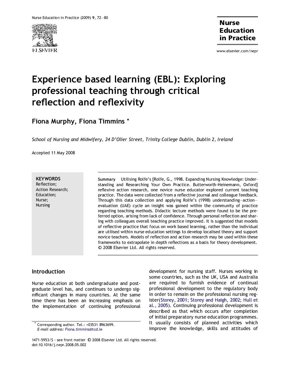 عکس صفحه اول مقاله: Experience based learning (EBL): Exploring professional teaching through critical reflection and reflexivity Experience based learning (EBL): Exploring professional teaching through critical reflection and reflexivity