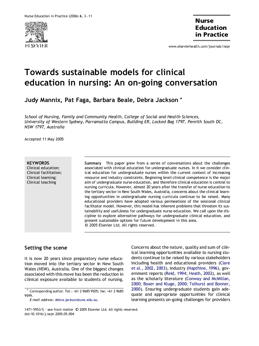 Towards sustainable models for clinical education in nursing: An on-going conversation