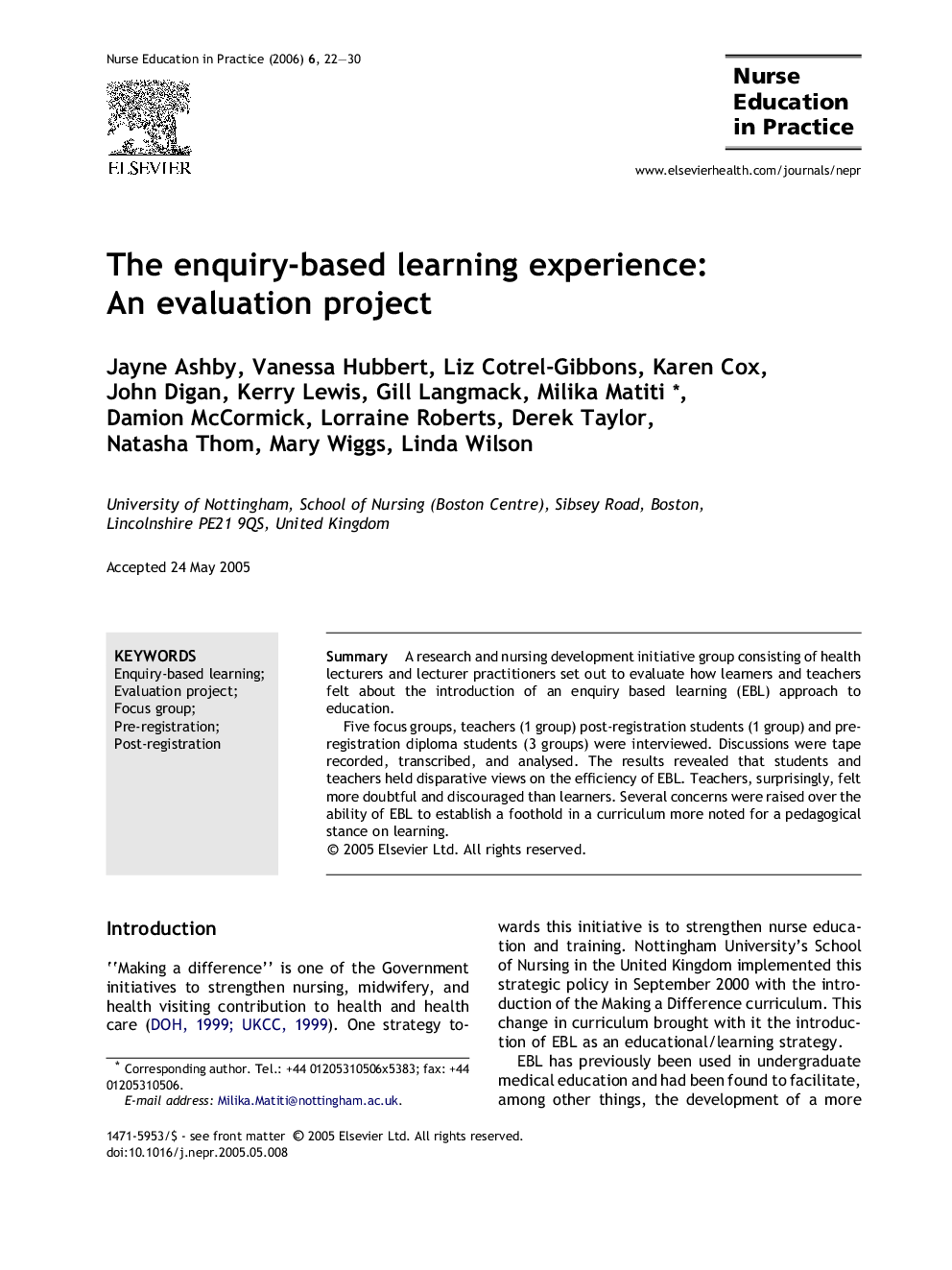 The enquiry-based learning experience: An evaluation project