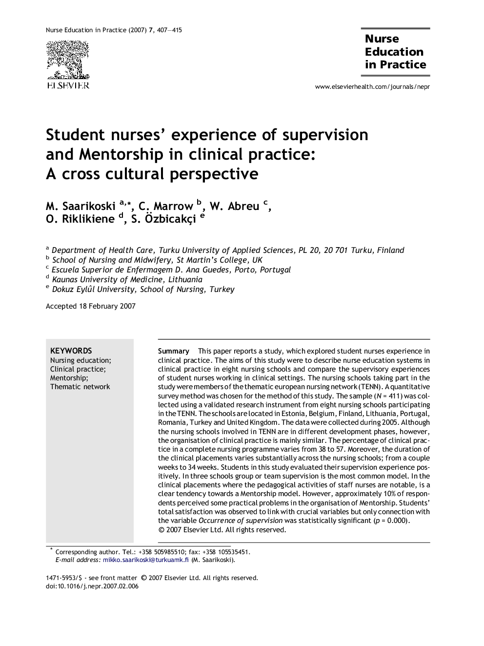 Student nurses’ experience of supervision and Mentorship in clinical practice: A cross cultural perspective