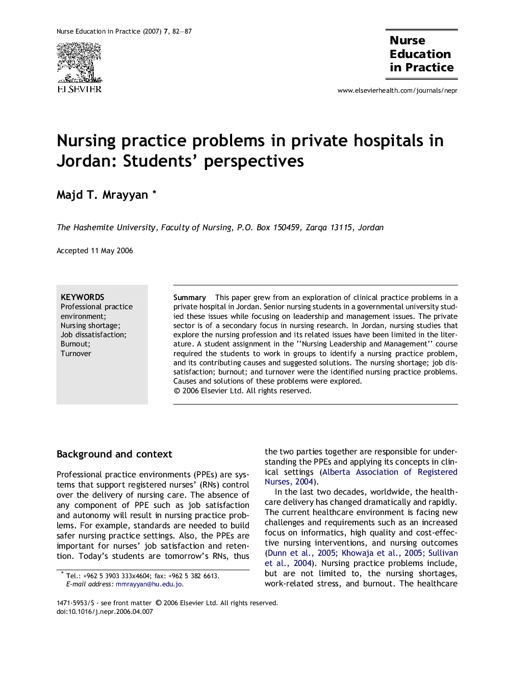 Nursing practice problems in private hospitals in Jordan: Students’ perspectives