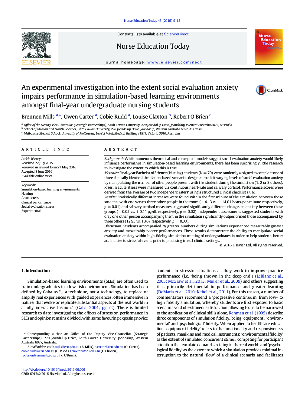 An experimental investigation into the extent social evaluation anxiety impairs performance in simulation-based learning environments amongst final-year undergraduate nursing students