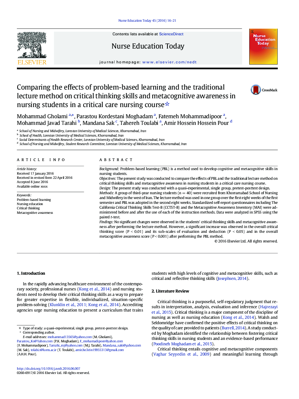 Comparing the effects of problem-based learning and the traditional lecture method on critical thinking skills and metacognitive awareness in nursing students in a critical care nursing course 