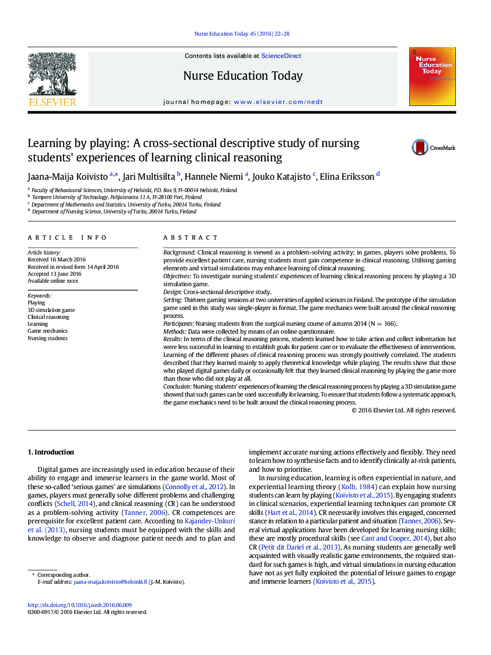 Learning by playing: A cross-sectional descriptive study of nursing students' experiences of learning clinical reasoning