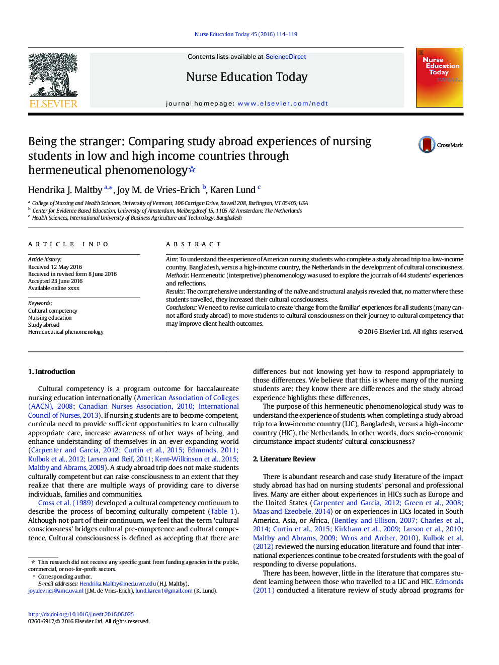 Being the stranger: Comparing study abroad experiences of nursing students in low and high income countries through hermeneutical phenomenology 