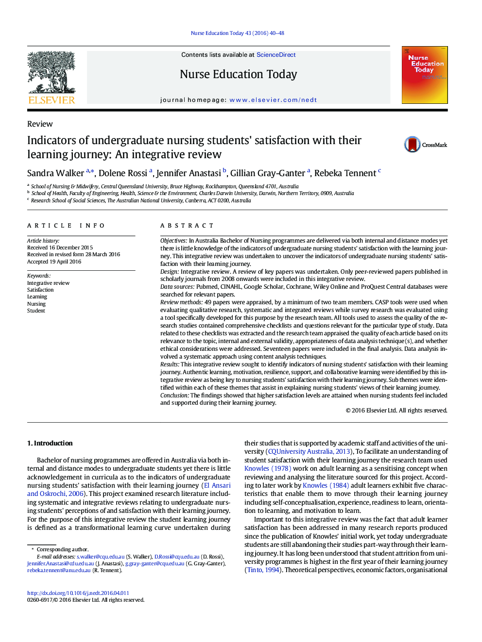 Indicators of undergraduate nursing students' satisfaction with their learning journey: An integrative review