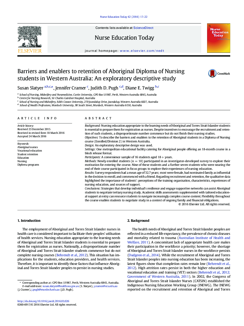 Barriers and enablers to retention of Aboriginal Diploma of Nursing students in Western Australia: An exploratory descriptive study