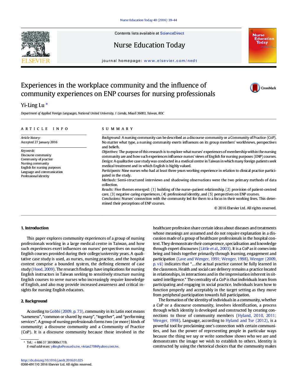 Experiences in the workplace community and the influence of community experiences on ENP courses for nursing professionals