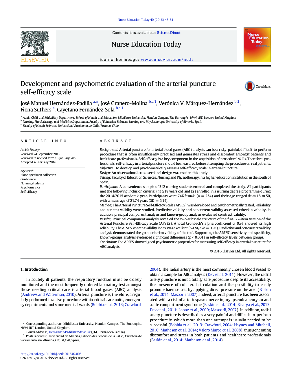 Development and psychometric evaluation of the arterial puncture self-efficacy scale