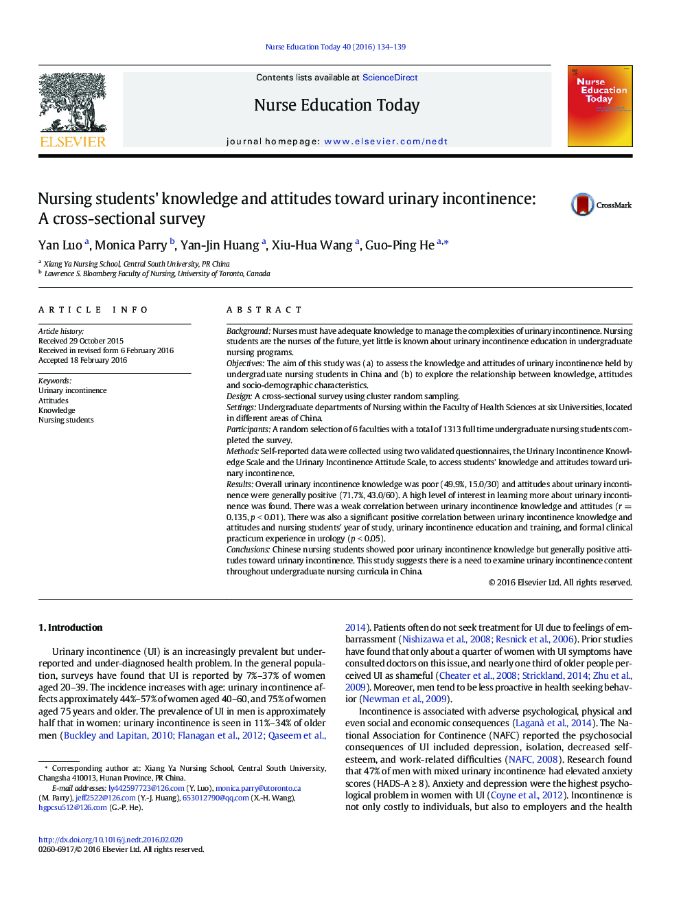 Nursing students' knowledge and attitudes toward urinary incontinence: A cross-sectional survey