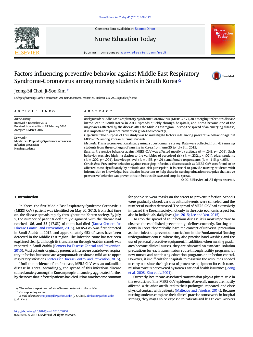 Factors influencing preventive behavior against Middle East Respiratory Syndrome-Coronavirus among nursing students in South Korea 