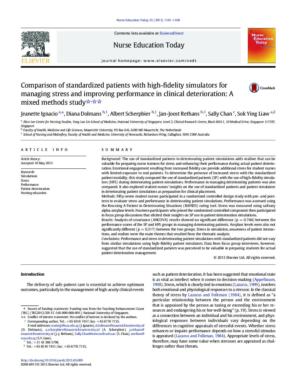 Comparison of standardized patients with high-fidelity simulators for managing stress and improving performance in clinical deterioration: A mixed methods study 