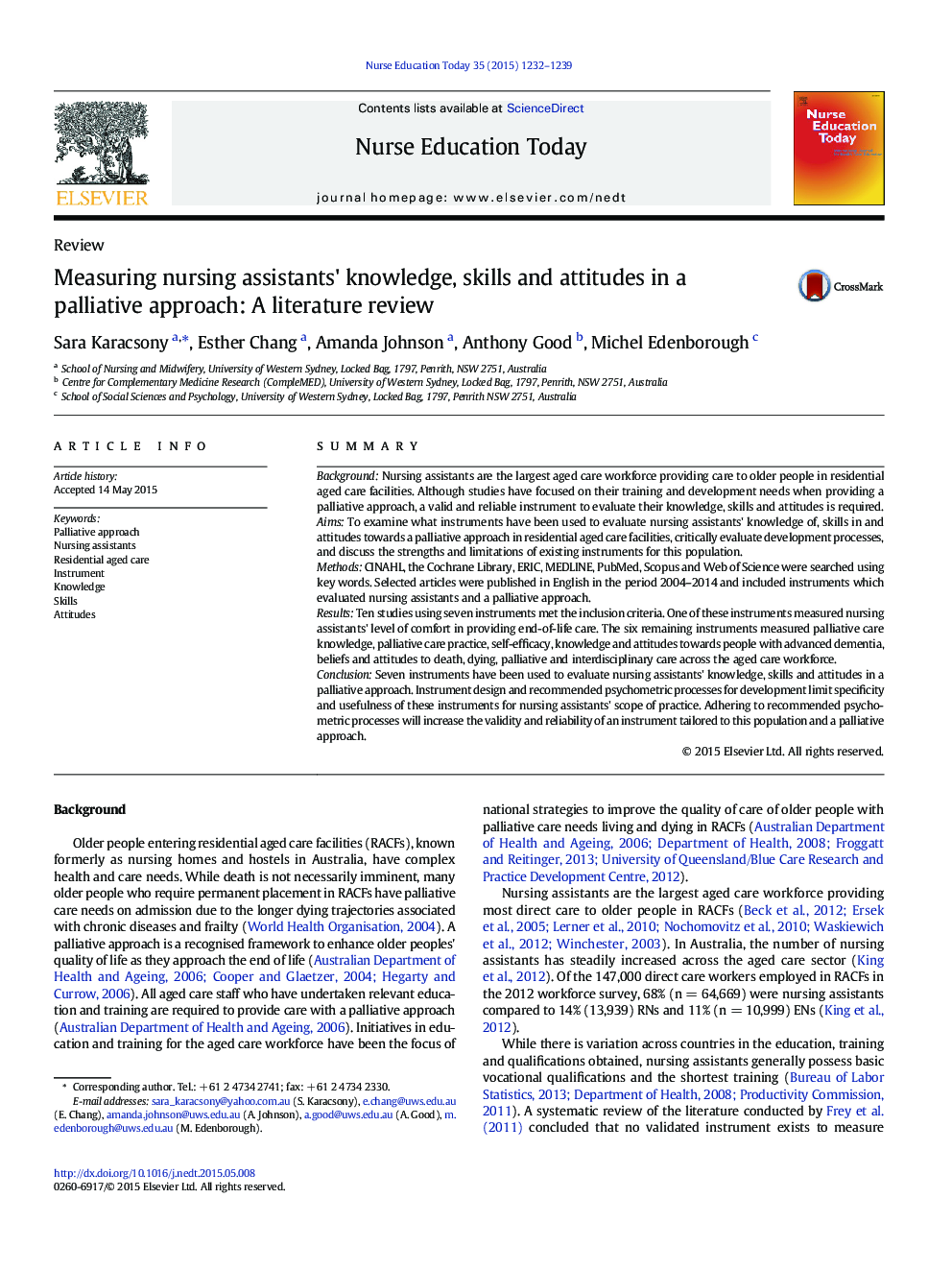 Measuring nursing assistants' knowledge, skills and attitudes in a palliative approach: A literature review