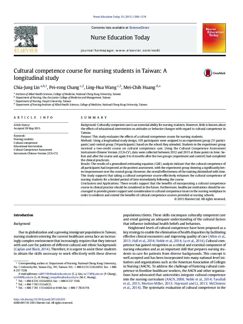 Cultural competence course for nursing students in Taiwan: A longitudinal study