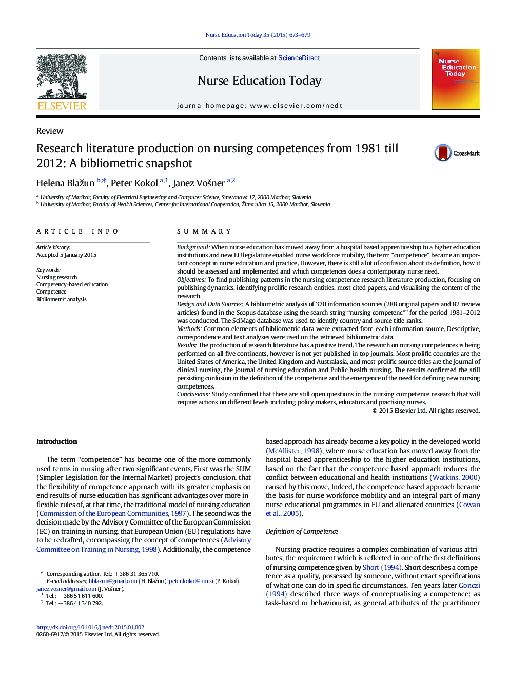 Research literature production on nursing competences from 1981 till 2012: A bibliometric snapshot