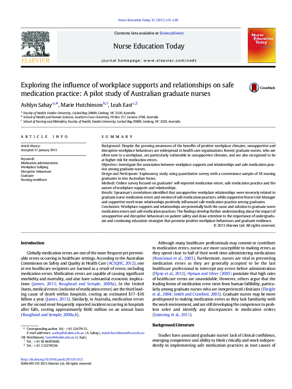 Exploring the influence of workplace supports and relationships on safe medication practice: A pilot study of Australian graduate nurses