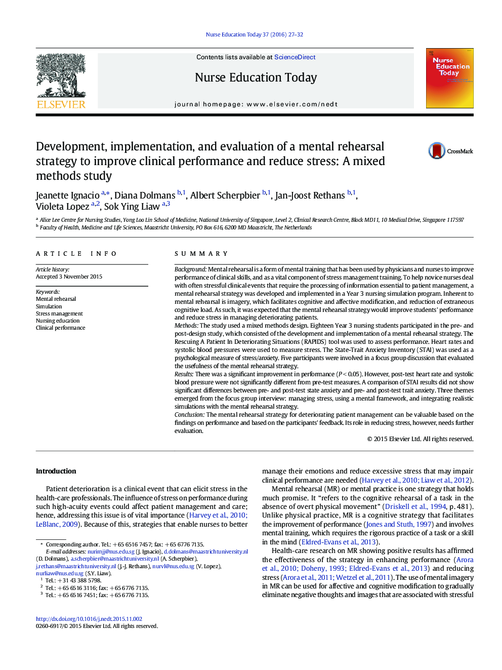 Development, implementation, and evaluation of a mental rehearsal strategy to improve clinical performance and reduce stress: A mixed methods study