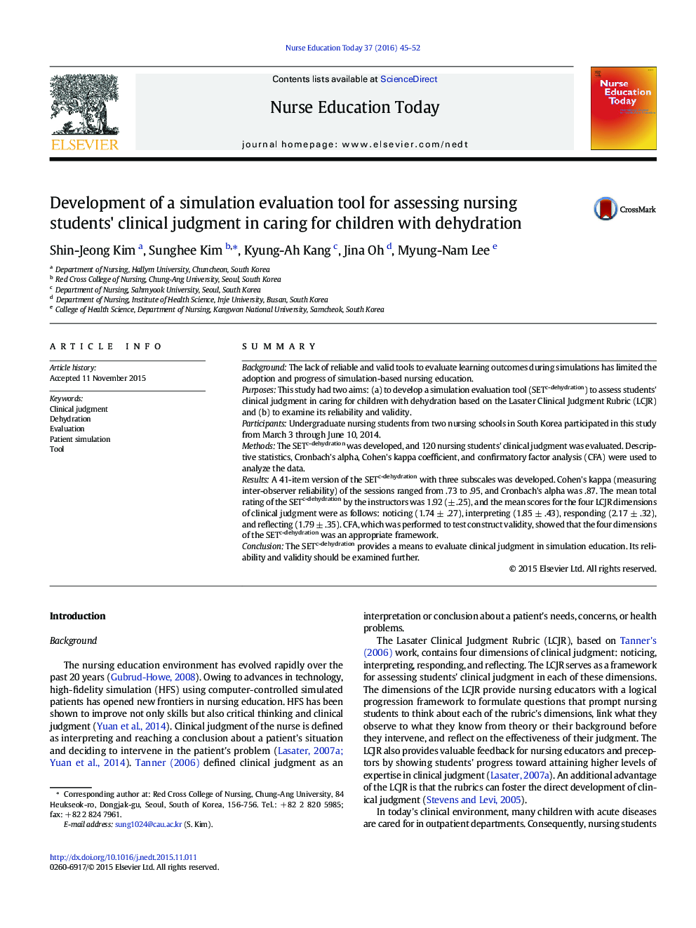 Development of a simulation evaluation tool for assessing nursing students' clinical judgment in caring for children with dehydration