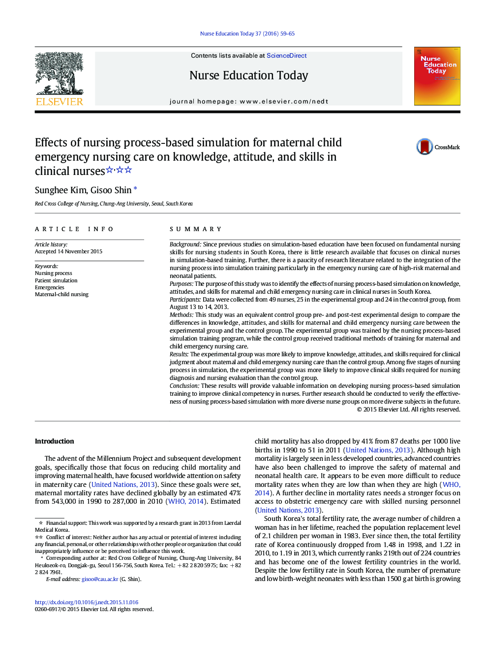 Effects of nursing process-based simulation for maternal child emergency nursing care on knowledge, attitude, and skills in clinical nurses 