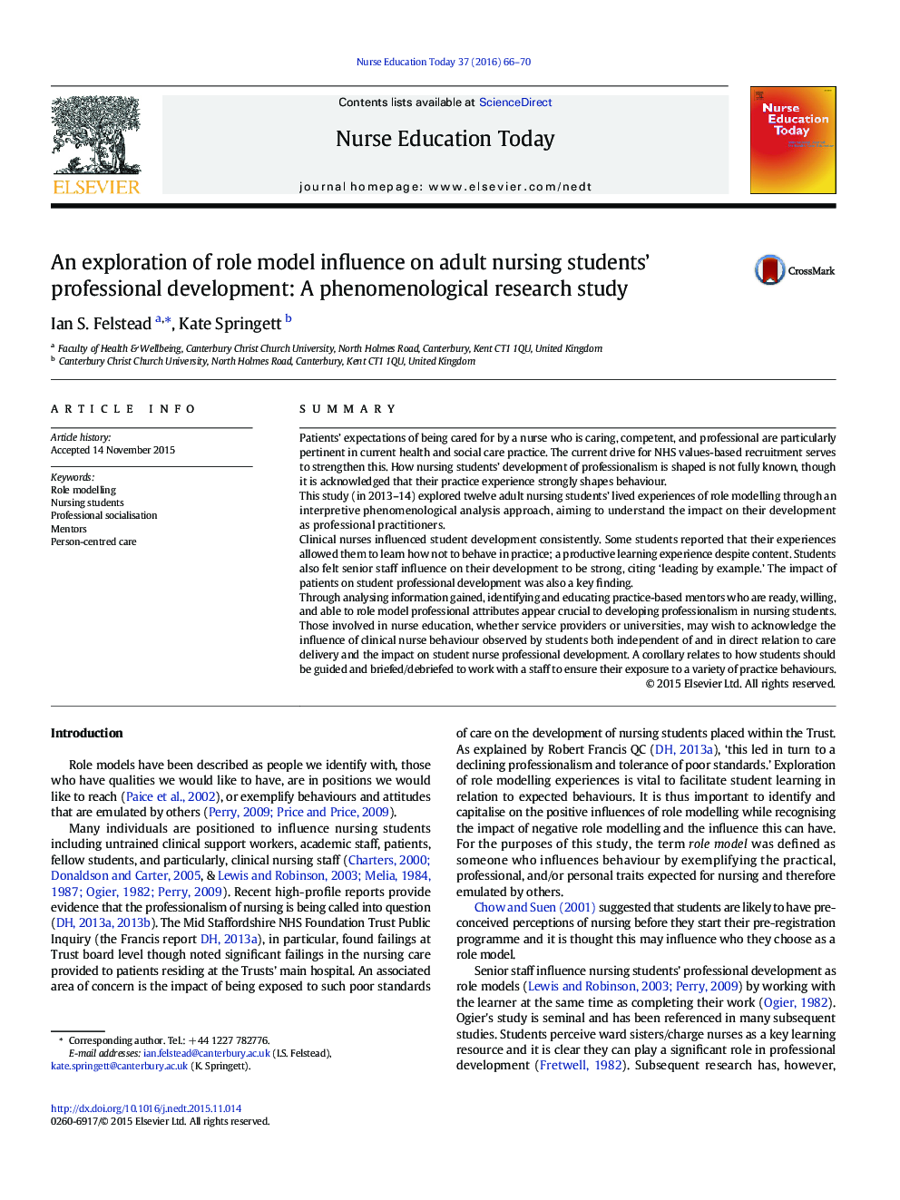 An exploration of role model influence on adult nursing students’ professional development: A phenomenological research study