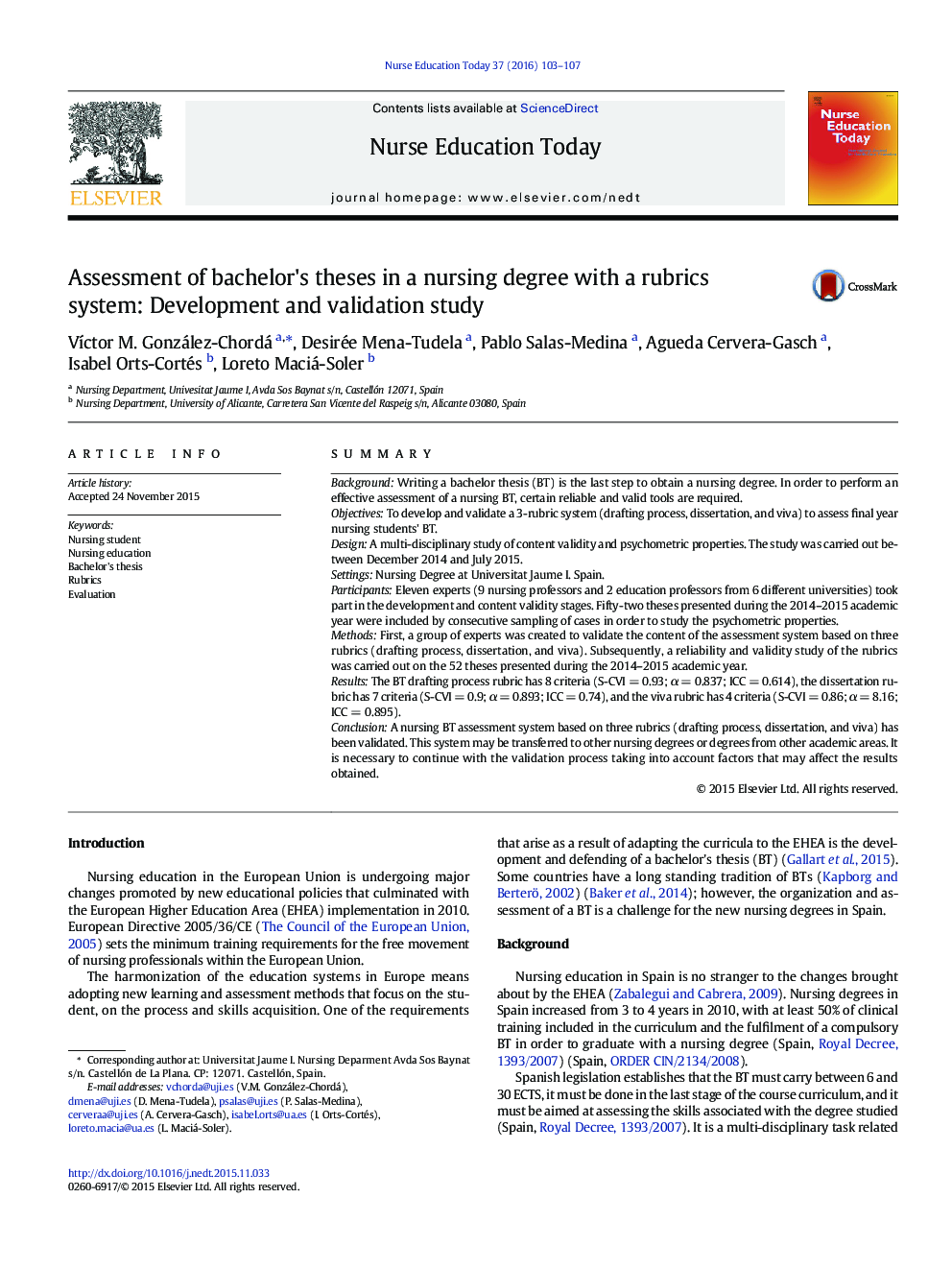 Assessment of bachelor's theses in a nursing degree with a rubrics system: Development and validation study