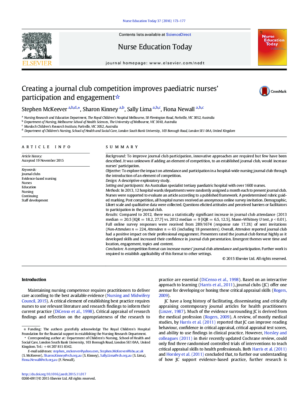 Creating a journal club competition improves paediatric nurses’ participation and engagement 