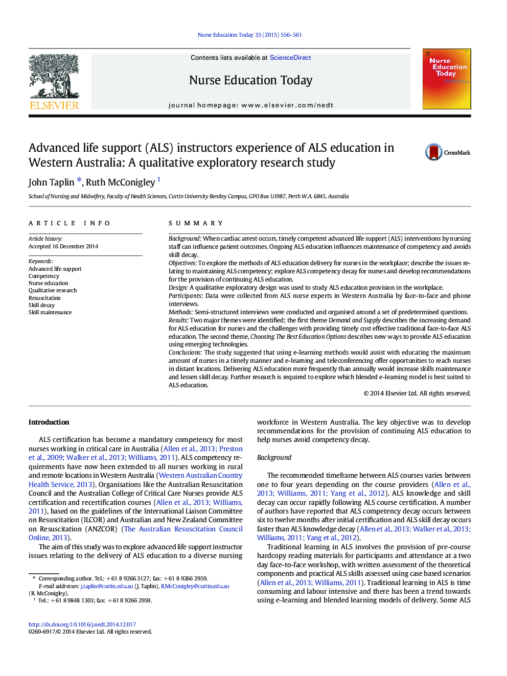 Advanced life support (ALS) instructors experience of ALS education in Western Australia: A qualitative exploratory research study