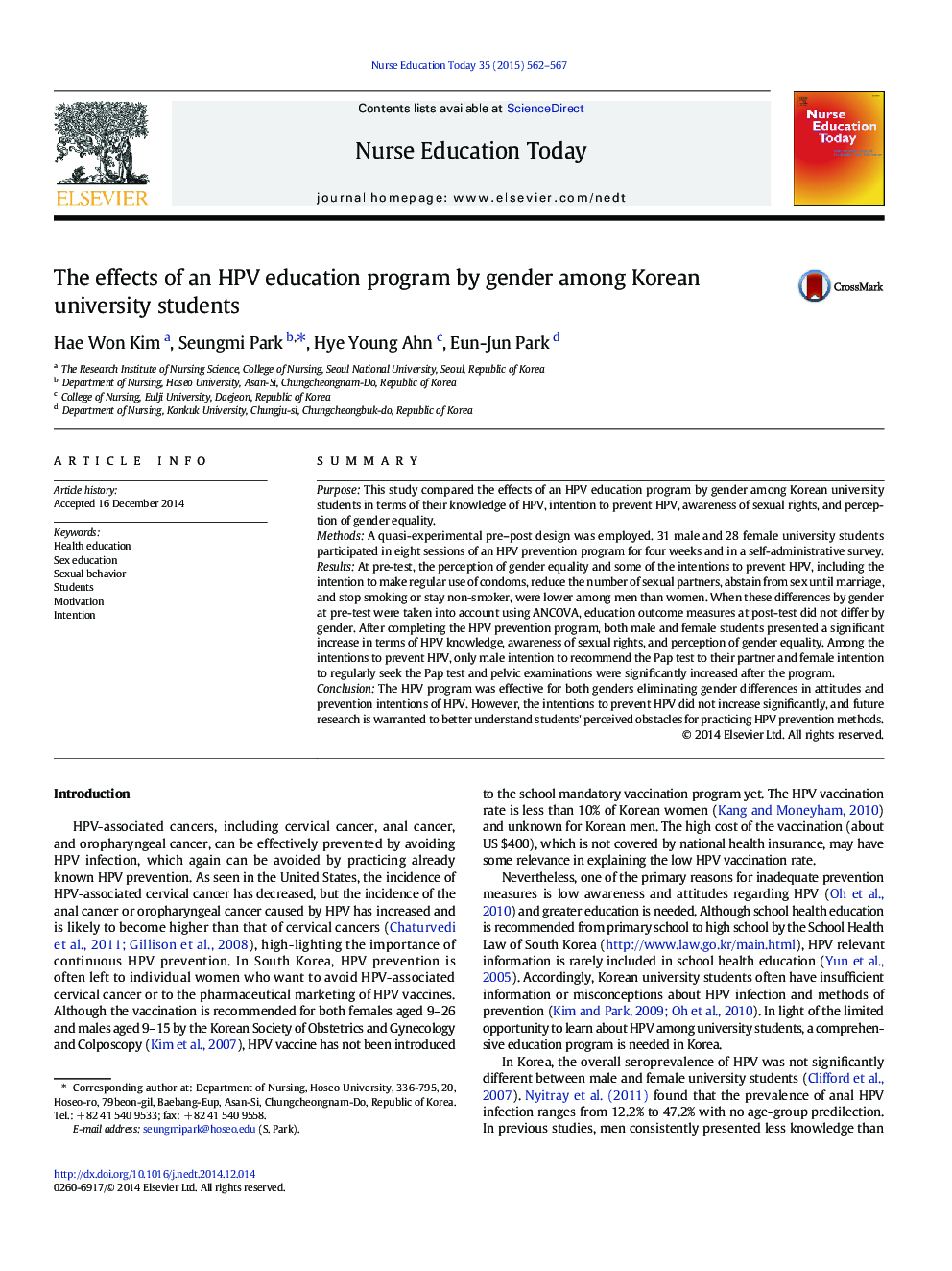 The effects of an HPV education program by gender among Korean university students