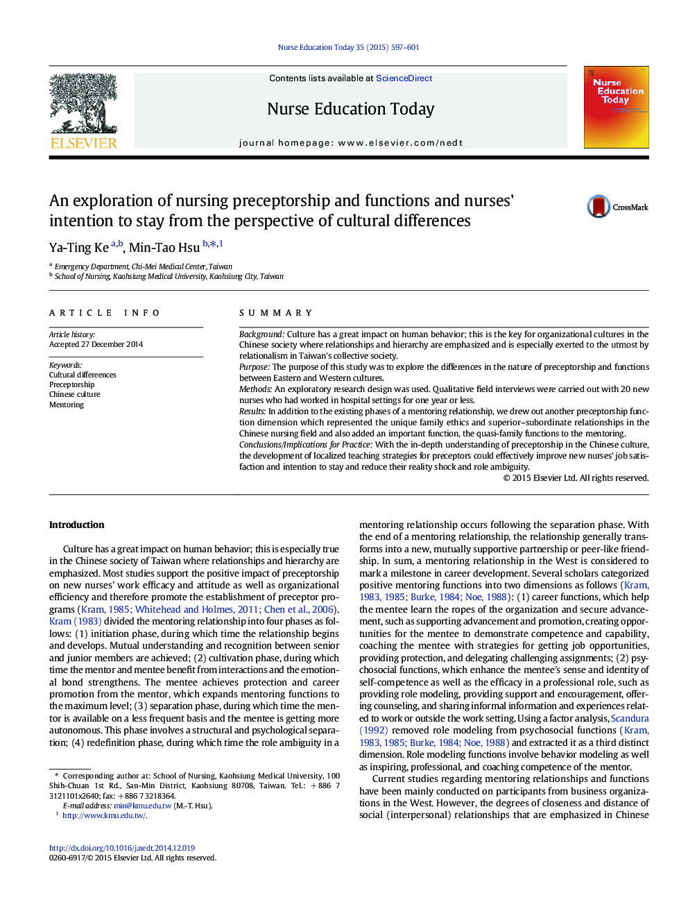 An exploration of nursing preceptorship and functions and nurses' intention to stay from the perspective of cultural differences