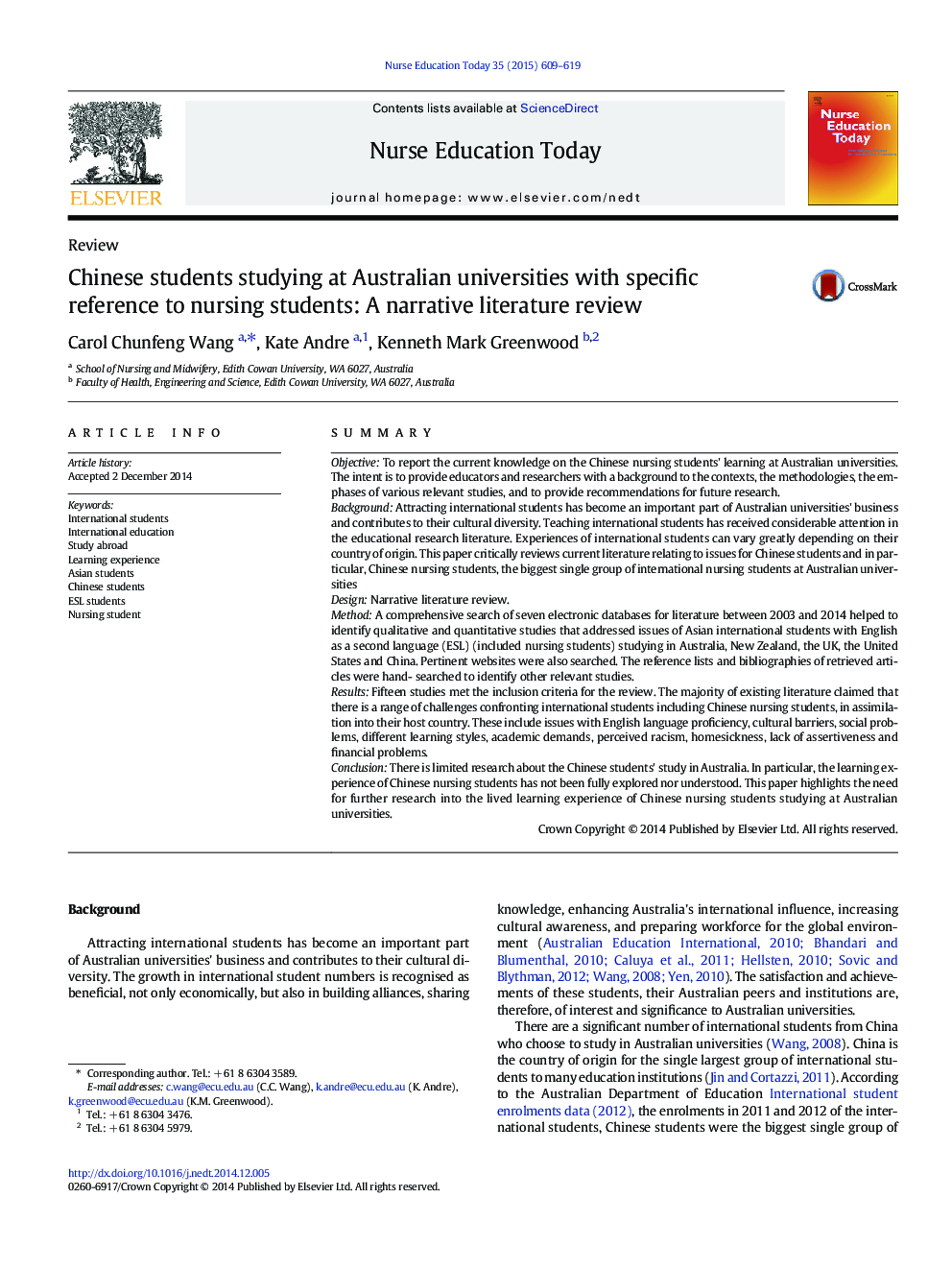 Chinese students studying at Australian universities with specific reference to nursing students: A narrative literature review