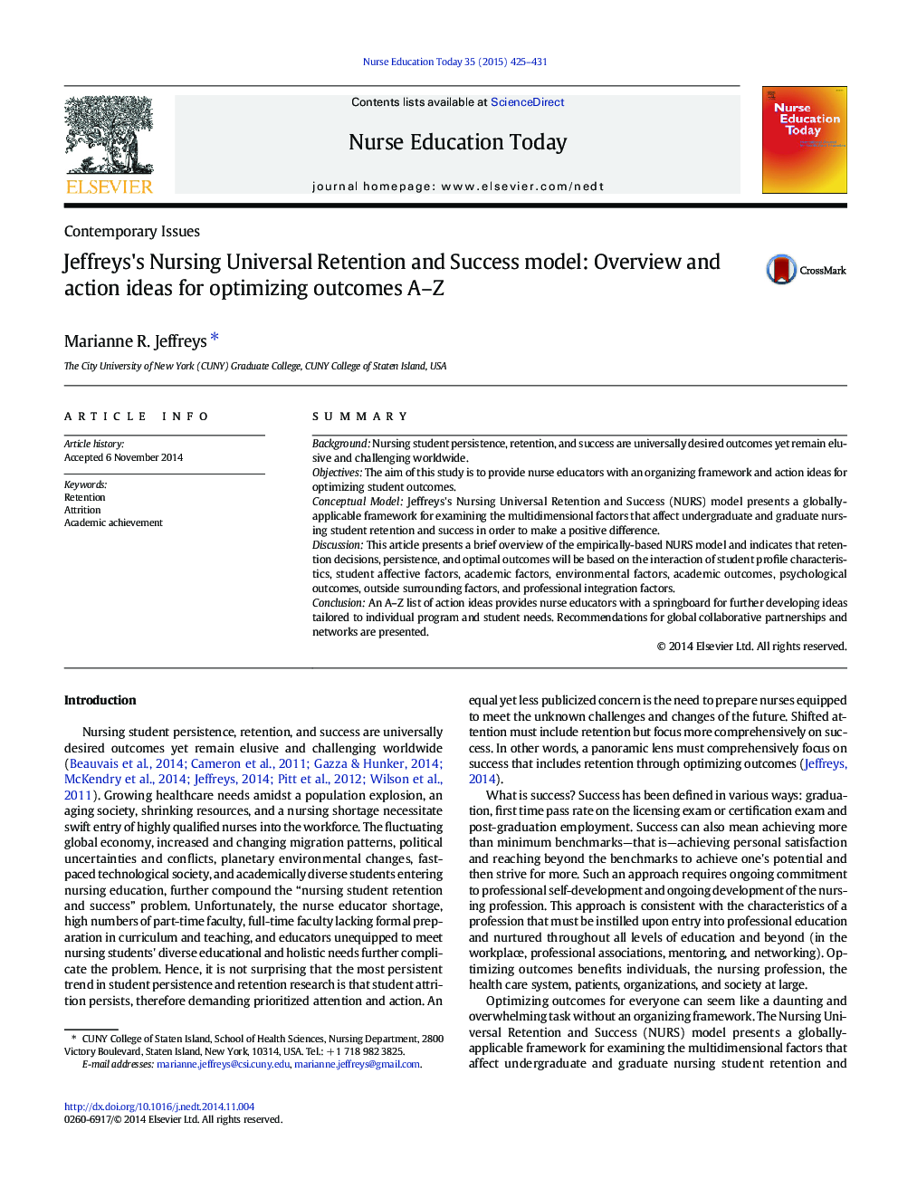 Jeffreys's Nursing Universal Retention and Success model: Overview and action ideas for optimizing outcomes A–Z