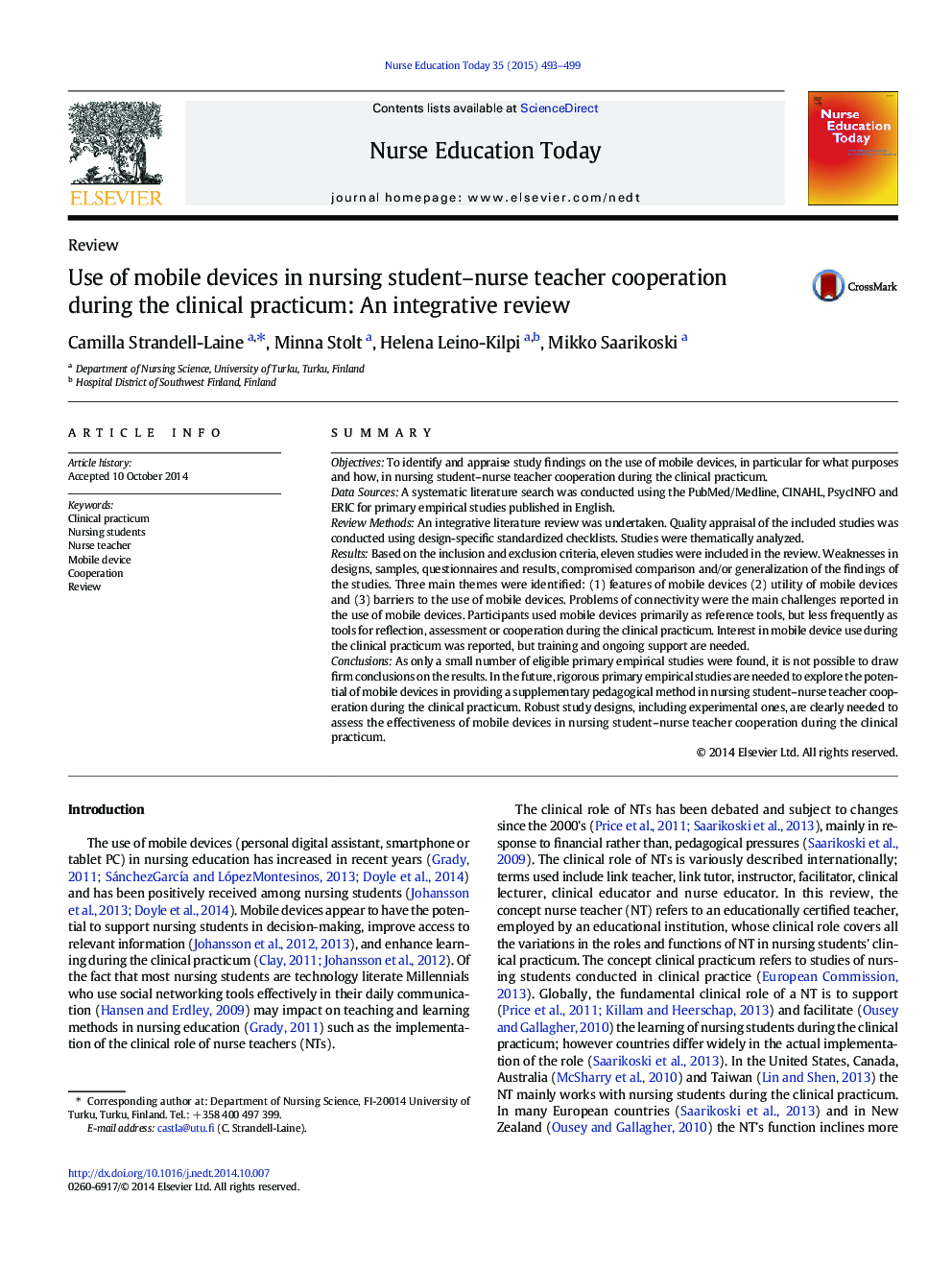 Use of mobile devices in nursing student–nurse teacher cooperation during the clinical practicum: An integrative review