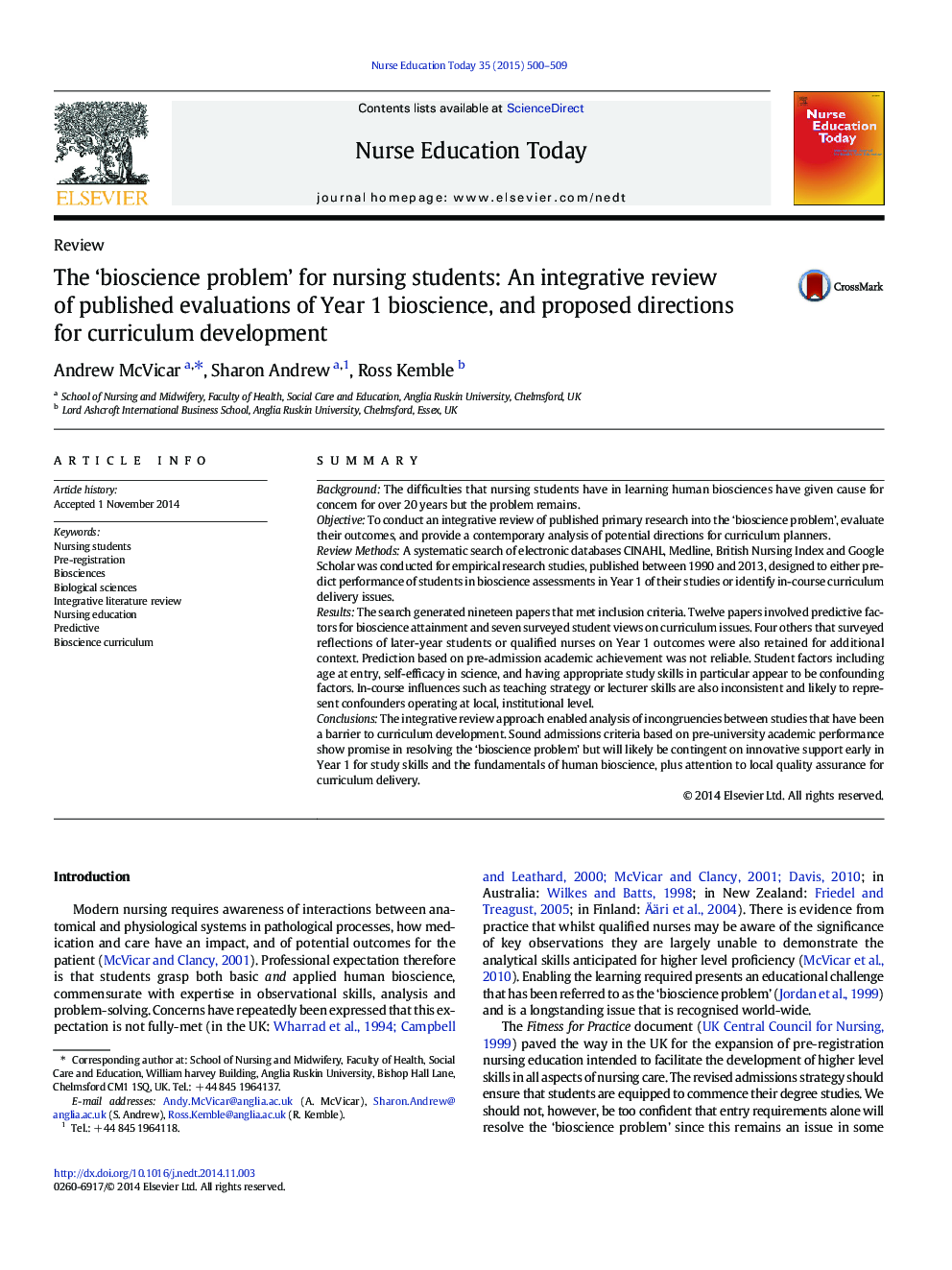 The ‘bioscience problem’ for nursing students: An integrative review of published evaluations of Year 1 bioscience, and proposed directions for curriculum development