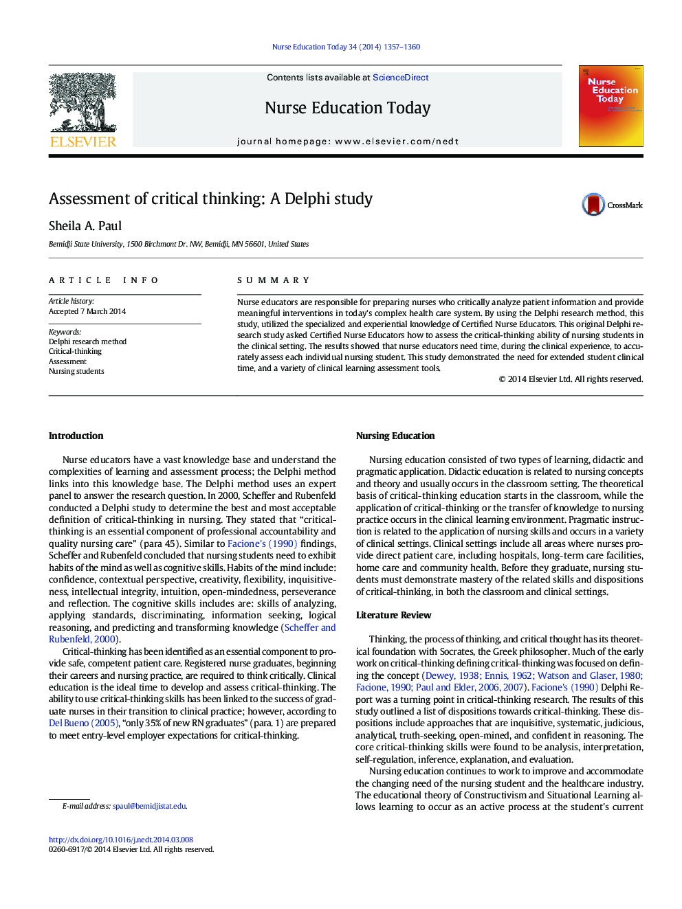 Assessment of critical thinking: A Delphi study