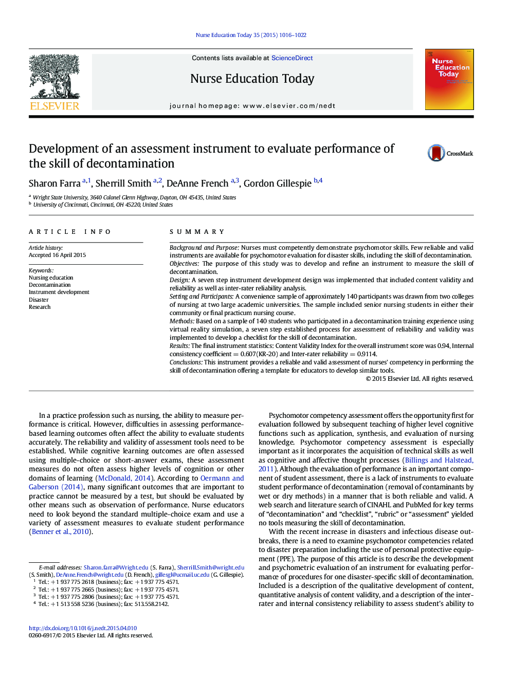 Development of an assessment instrument to evaluate performance of the skill of decontamination