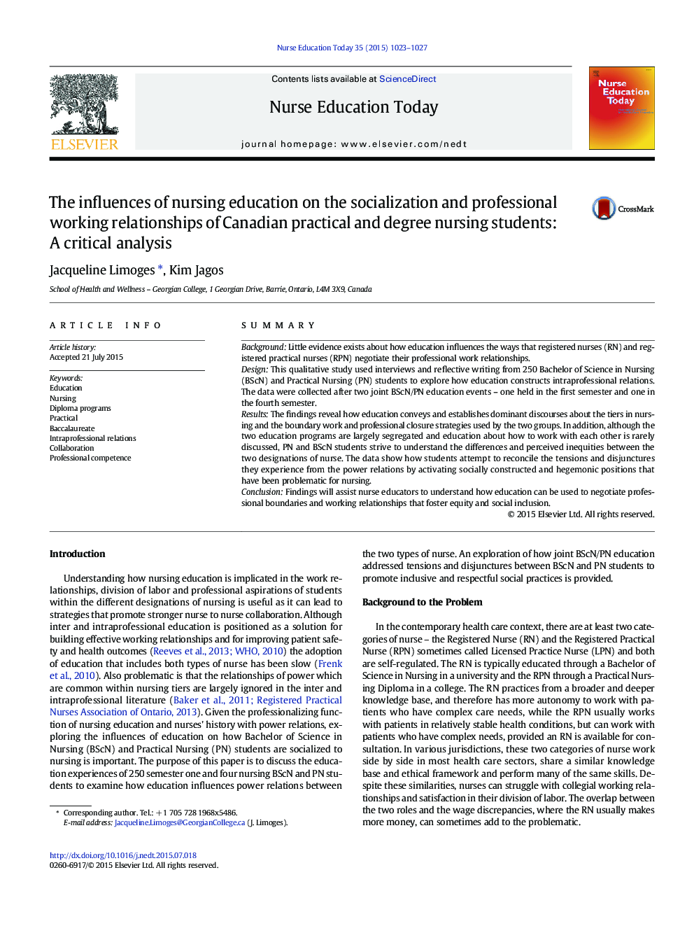 The influences of nursing education on the socialization and professional working relationships of Canadian practical and degree nursing students: A critical analysis